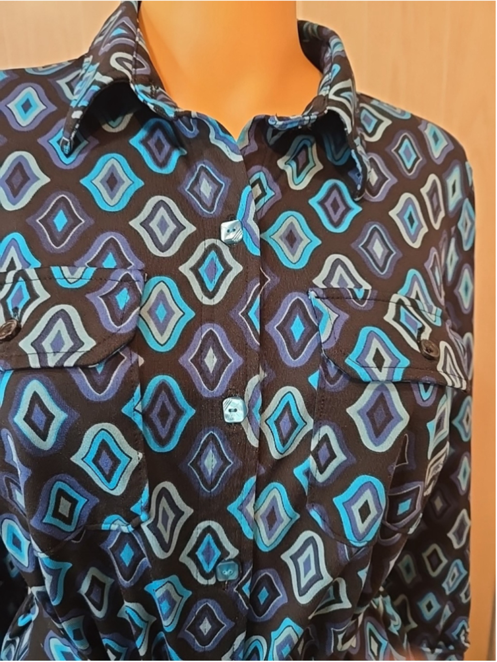 Ann Taylor Geo Print Shirt Dress Medium Navy Blue Midi Belted Button Front - Picture 5 of 8